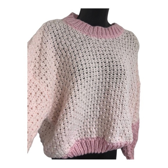 Shades of pink crochet waffle knit chunky cuffed sleeve sweater size large new - Picture 8 of 13